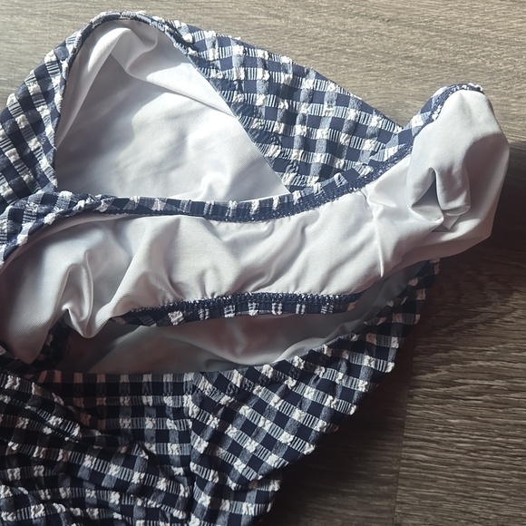 J. Crew Blue and White Ruched Bandeau One-Piece Gingham Bathing Suit Size 20 - Picture 8 of 9